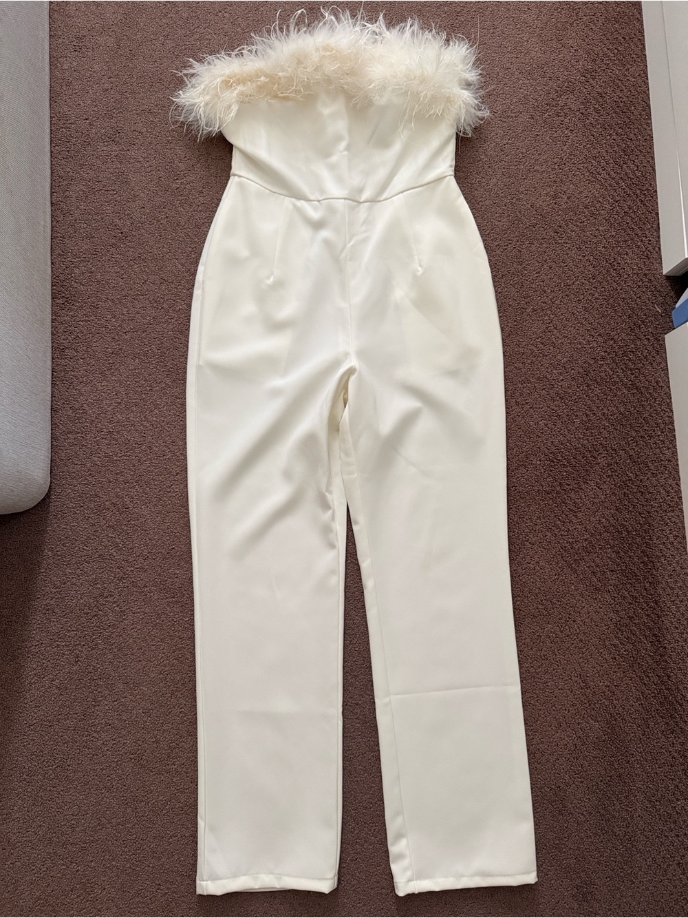 NastyGal Strapless Feather Cream Jumpsuit